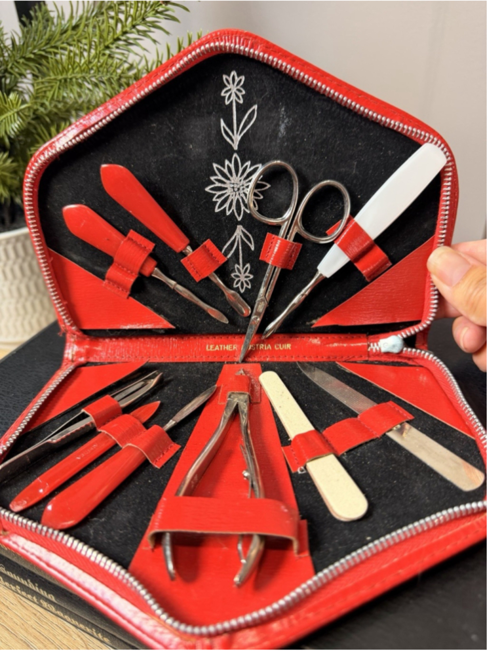 Vintage 1950s Leather Travel Manicure Set, MCM Grooming Kit w/ Zippered Case